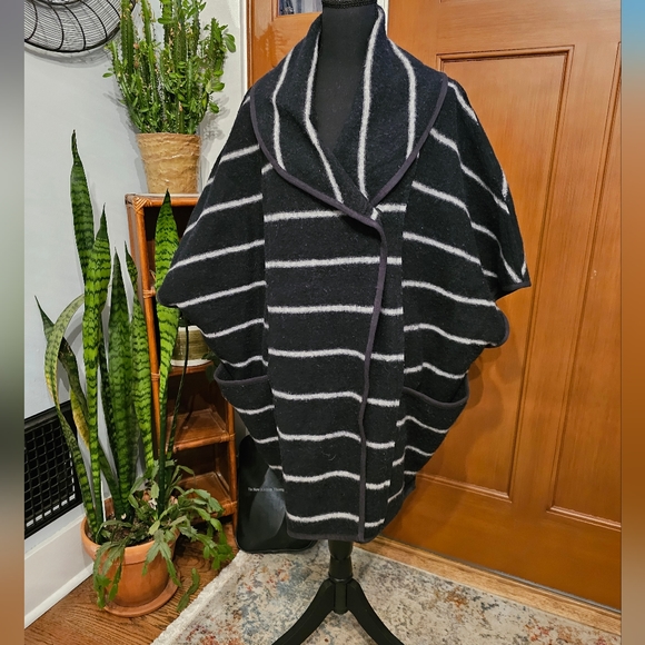 Free People Wool Blend Black and  White Striped Blanket Coat - Picture 3 of 6